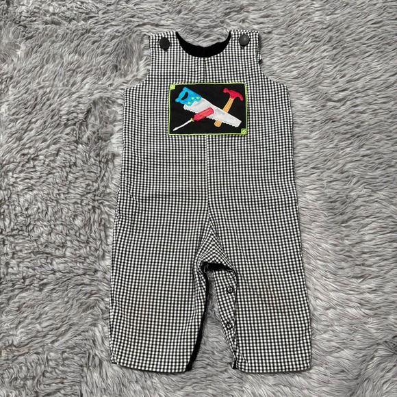 Boutique Plus Other - Mulberry Street Smocked Reversible Overall Plaid Corduroy Tools Train 6-12 Month